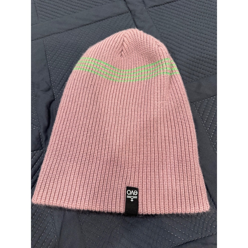 Autumn x Evo Knit Beanie Hat Dusty Rose Pink Green Striped Ribbed Cuff Watch Cap - Picture 2 of 4